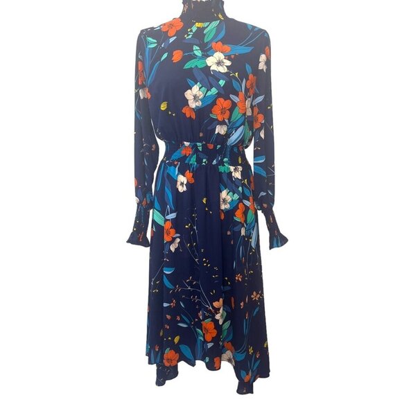 Nanette Lepore Floral smocked Hi Lo Hem Dress HI Neck Ladies Size 10 Colorful - Picture 5 of 9
